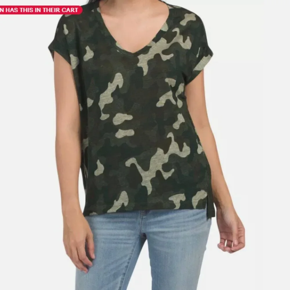 100% Linen Tee Camo Pattern ladies XS